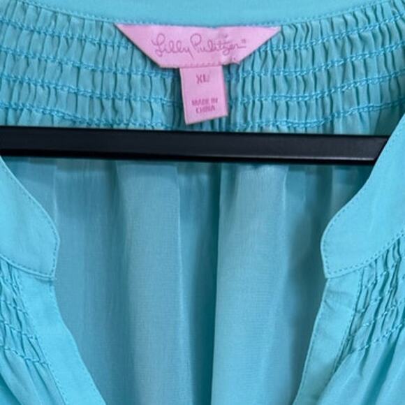 Lilly Pulitzer Elsa Silk Top Blouse Long Sleeve Smocked Neck Bali Blue Size XL - Picture 11 of 14
